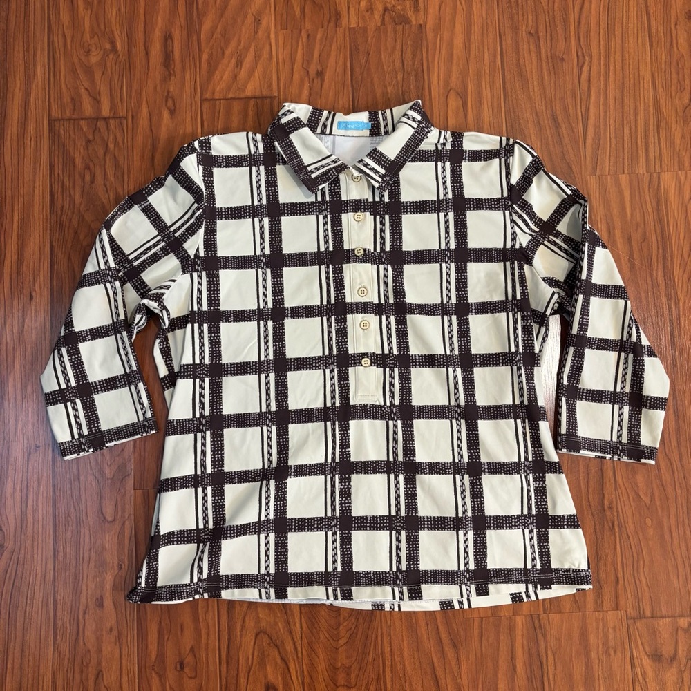 J McLaughlin Catalina Cloth Cream Brown Plaid Button-Down 3/4 Sleeve Shirt XL